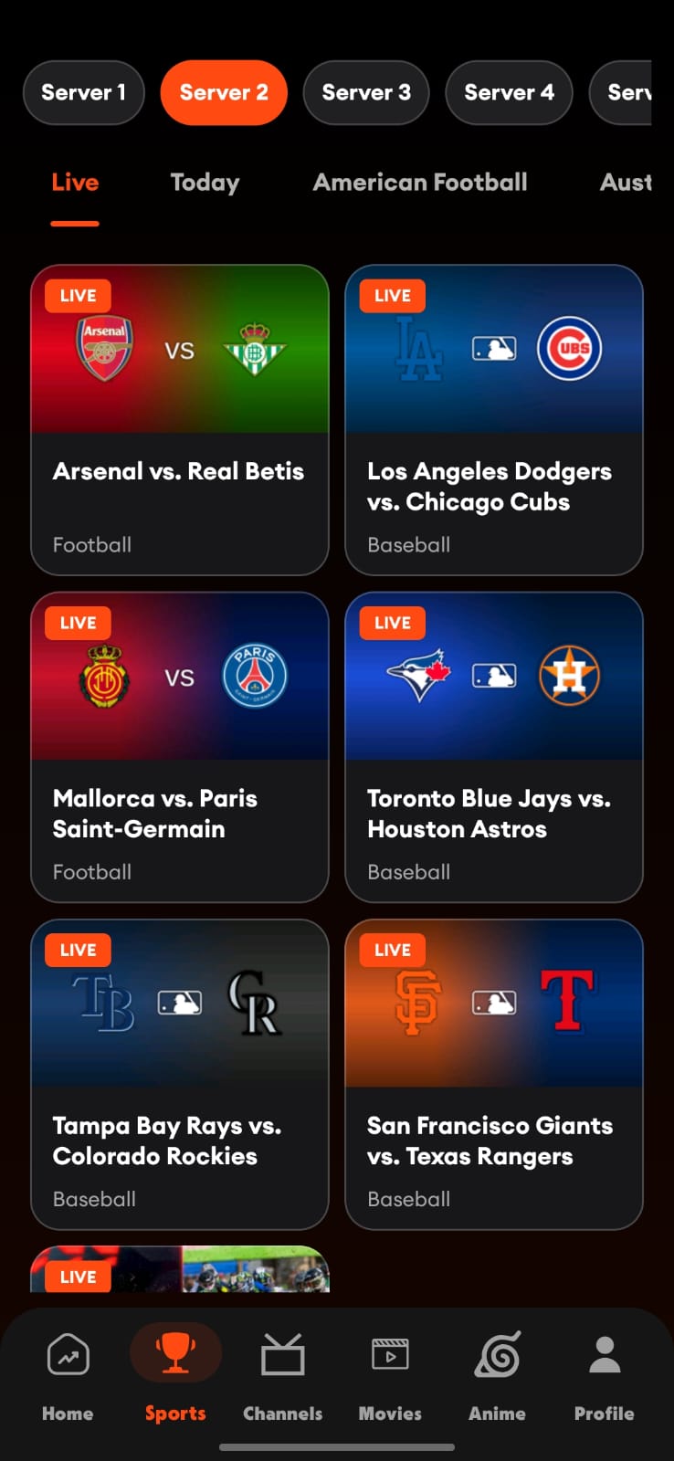 Voltra live sports browser on Android mobile
